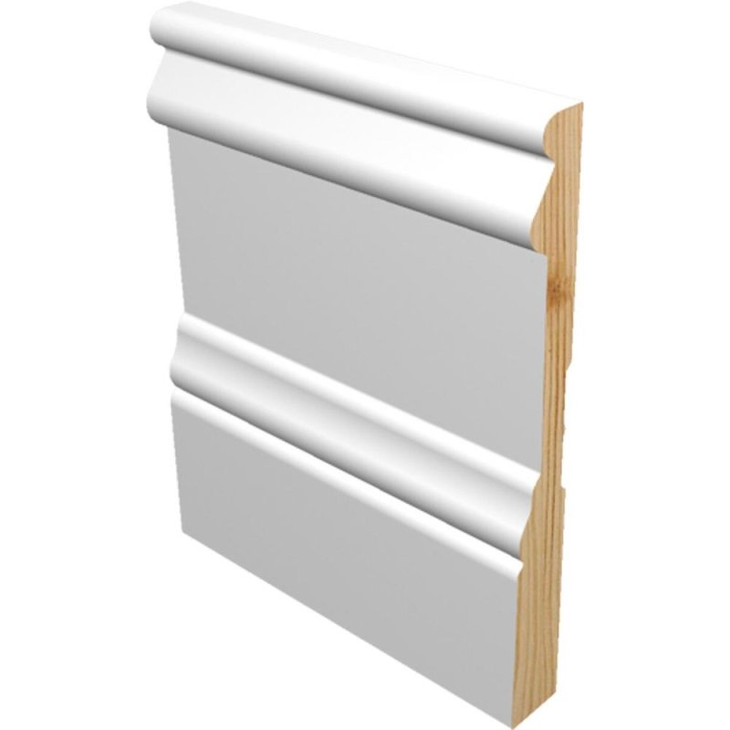 M-Trim 1692 9/16\" x 5-1/4\" x 16\' Primed Pine Baseboard - Victorian
